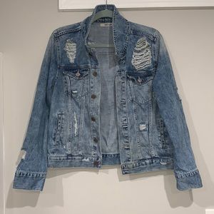 Distressed full length jean jacket